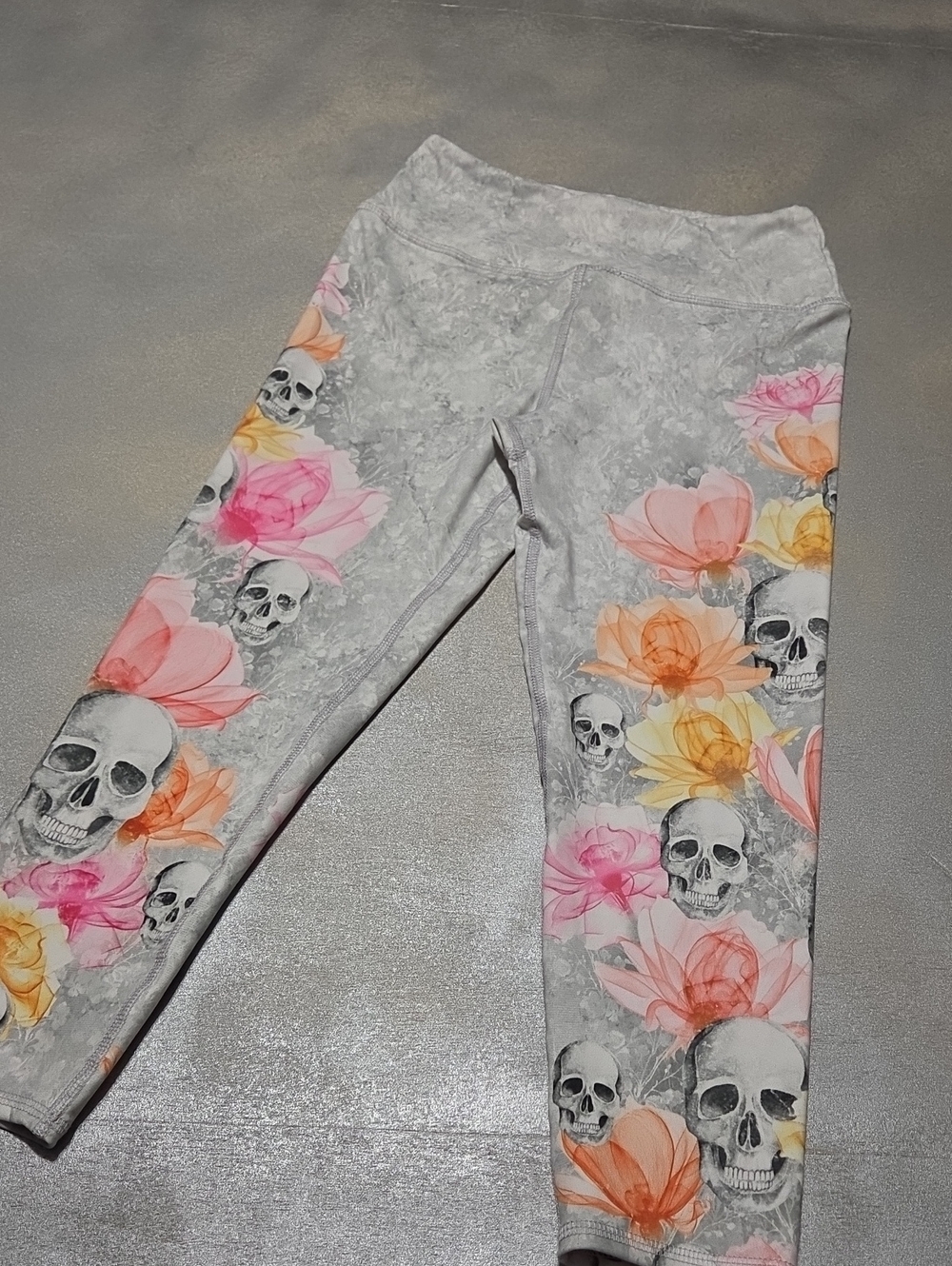 Evolution and Creation Gray Leggings with Pink, Orange & Yellow Floral Skulls